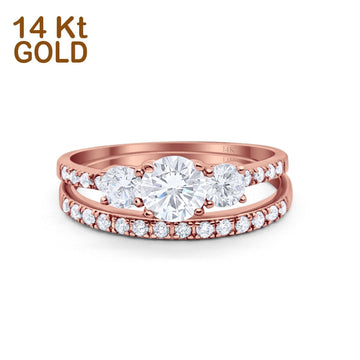 14K Rose Gold Round Three Stone Piece Wedding Bridal Set Ring Band Engagement Simulated CZ Size-7